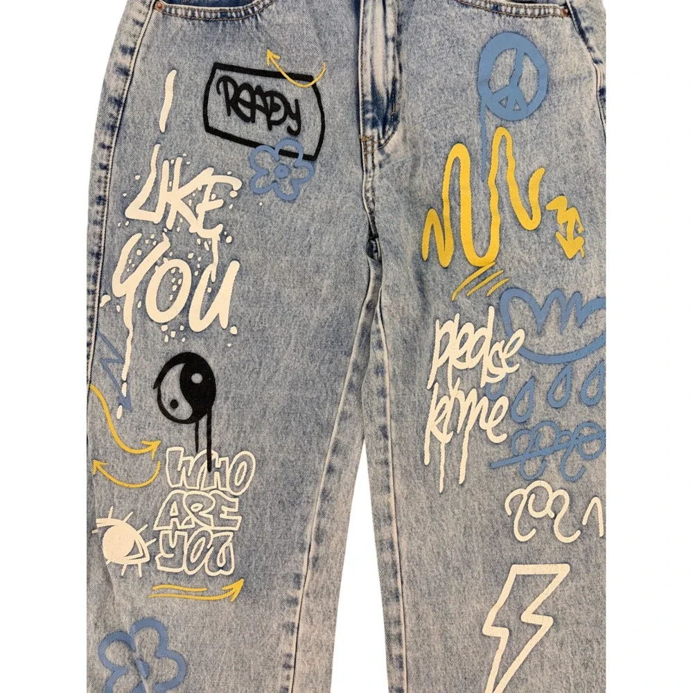 Y2K Graffiti Wide Leg Jeans Light‎ Wash Streetwear Skater Pants Womens M